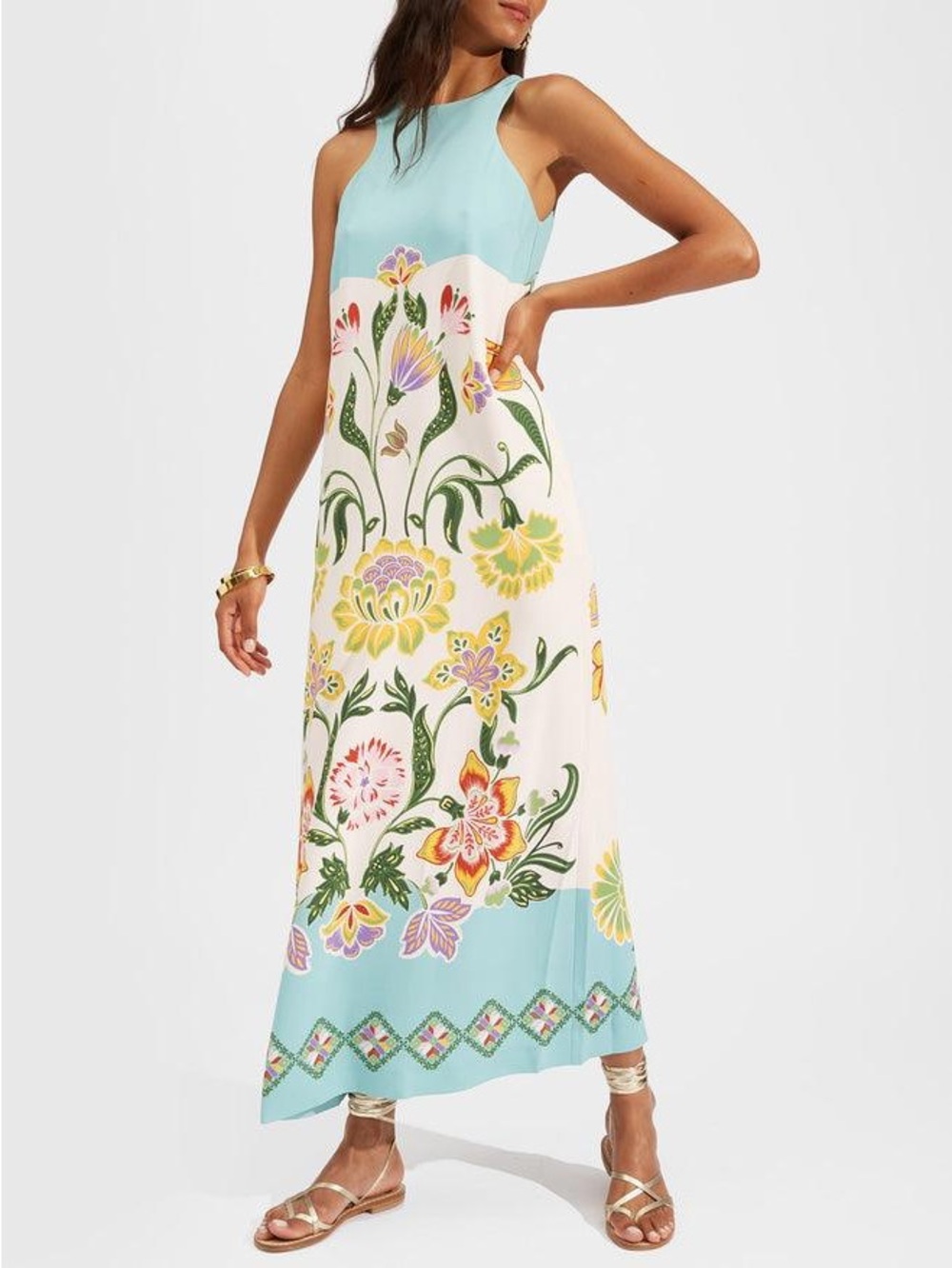 Floral Two-Tone Maxi Dress in Light Blue and Cream
